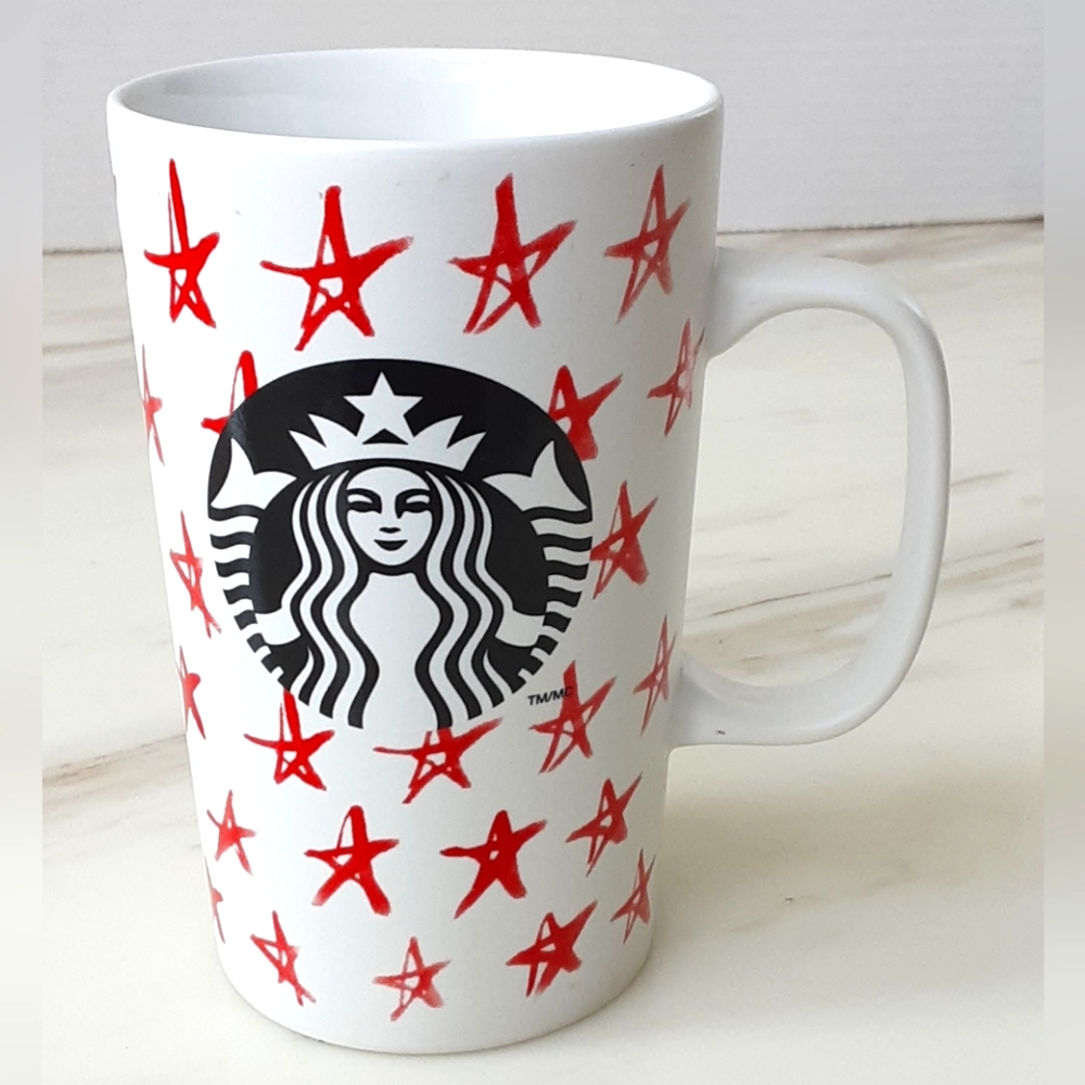 STARBUCKS 2014 Red Stars Black Siren Mermaid Logo Tall Coffee Cup Mug 16 oz